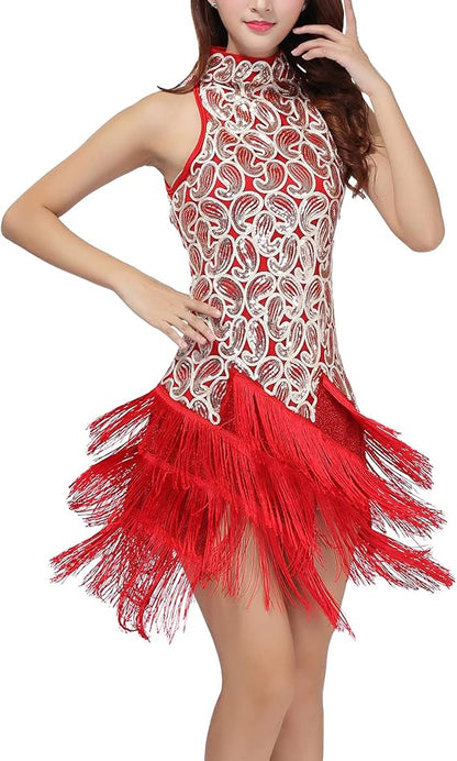 Women's Mock Neck Sequin Tassel Fringe Dress Salsa Latin Ballroom Rave Party Dance Costume