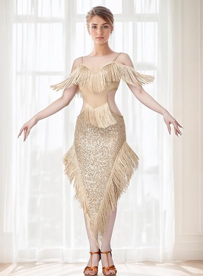 Sequin Fringe Latin Dance Dress, Mesh & Glitter Salsa Dresses for Women, Shimmery Party Skirts