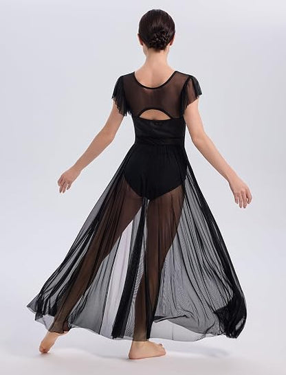 Lyrical Dance Costume for Women Mesh Ruffle Cutout Lyrical Dress Flowy Tulle Skirt Contemporary Dance Costumes XS-XL