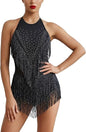 Women Sparkly Tassel Fringe Bodysuit, Latin Dance Costume, Rhinestones Romper for Salsa Jazz Ballroom Disco Party
