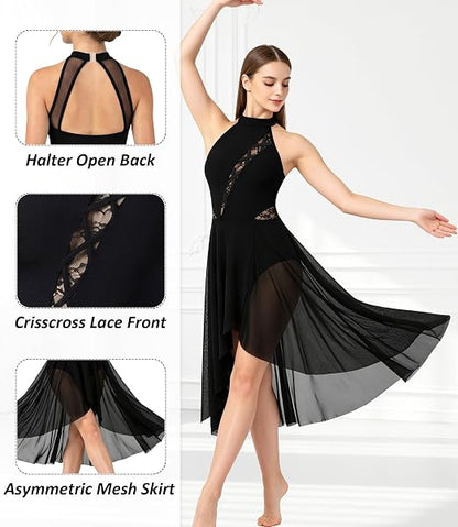 Womens Lyrical Dance Costumes Ballet Dance Dress Flowy Sheer Skirt Backless Dancewear