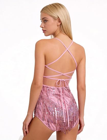 Fringe Sequin Bodysuit Women Sparkly Tassel Latin Jazz Salsa Dance Costume Acrobat Leotard