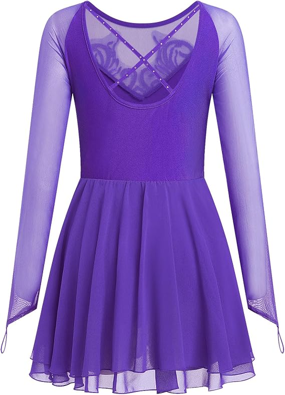 Women's Figure Ice Skating Dress Shiny Rhinestones Ballet Dance Dress Long Sleeve Competition Lyrical Chiffon Dress