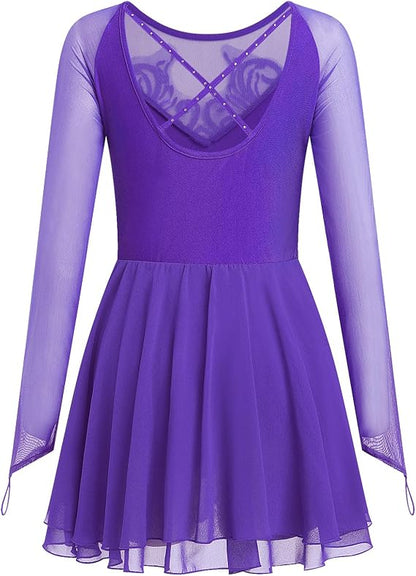 Women's Figure Ice Skating Dress Shiny Rhinestones Ballet Dance Dress Long Sleeve Competition Lyrical Chiffon Dress