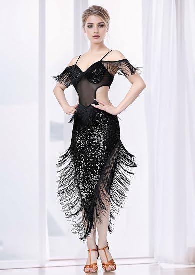 Sequin Fringe Latin Dance Dress, Mesh & Glitter Salsa Dresses for Women, Shimmery Party Skirts