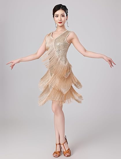 Women Sexy Fringe Latin Dance Dress Sequins Flapper Tassel Jazz Costume Sleeveless V-Neck Dancing Party Outfit