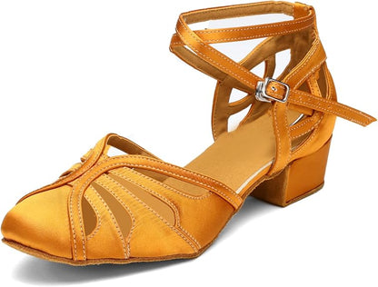 Ballroom Closed Toe Dance Shoes, Comfortable Low 1.5-Inch Cuban Heel, Latin Salsa Swing Waltz Practice Dance Heels