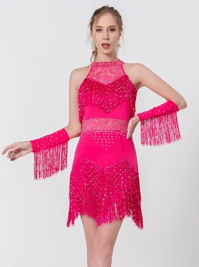 Women Latin Dress Lace Rhinestone Fringe Skirt Ballroom Salsa Cha Cha Dance Party Dress with Armband
