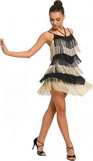 Women's Fringe Latin Dance Dress - Halter Backless Adjustable Cami Straps Color Block Salsa Ballroom Dance Costume