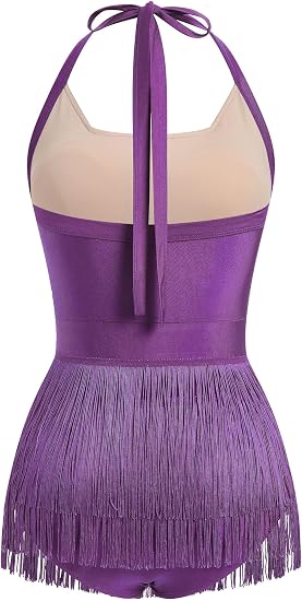 Women Halter Fringe Bodysuit Open Back Glitter Mesh Salsa Jazz Latin Dance Dress Sexy Concert Sparkly Tassel Outfits