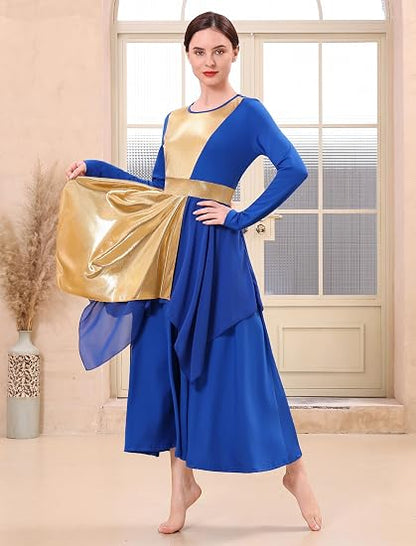 Metallic Praise Dance Dress for Women Asymmetric Ruffle Overlay Dresses Liturgical Lyrical Dancewear Worship Costume
