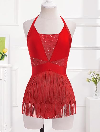 Women Halter Fringe Bodysuit Open Back Glitter Mesh Salsa Jazz Latin Dance Dress Sexy Concert Sparkly Tassel Outfits