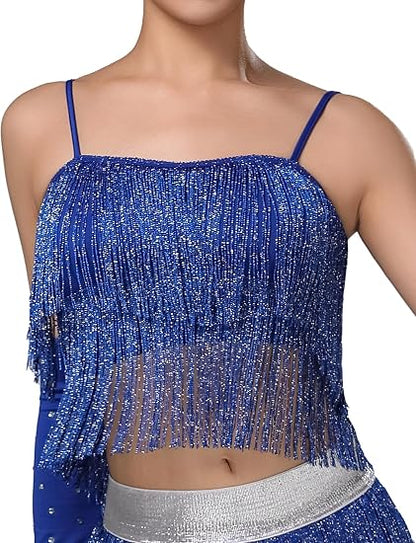 Women's Latin Dance Costume Sequin Fringe Tube Top Belly Dance Performance Outfit with Tassels for Party Club Wear