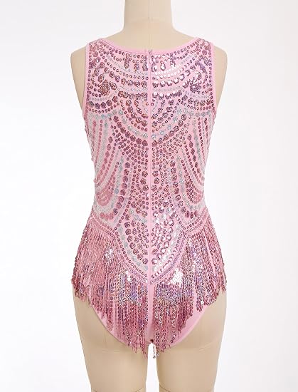 Women Sequin Fringe Bodysuit Latin Jazz Dance Leotard