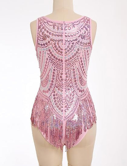 Women Sequin Fringe Bodysuit Latin Jazz Dance Leotard
