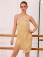 Asymmetric One Shoulder Latin Dance Dress for Women Rhinestones Fringe Dress 1920s Tassel Flapper Ballroom Dancewear