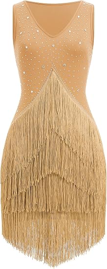 Women Latin Dance Dress Sleeveless V Neck Rhinestone Top Midi Fringe Skirt Jazz Ballroom Outfit