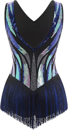 Sequin Fringe Bodysuit Latin Dance Costume Dance Outfit for Women | Glitter Mesh V-Neck Backless Dress Latin Samba Salsa Dancewear Showgirl Trapeze Acrobat Outfit for Ballroom Party Carnival
