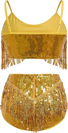 Womens Rave Outfit Sequin Fringe 2 Piece Set Sparkly Tassel Crop Top and Shorts Dance Costume