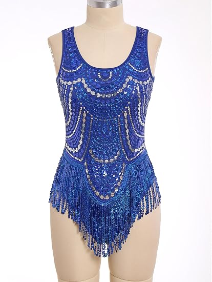 Women Sexy Sequin Fringe Bodysuit Sparkly Tassel Latin Jazz Dance Leotard Glitter Romper Trapeze Acrobat Costume Rave Outfits