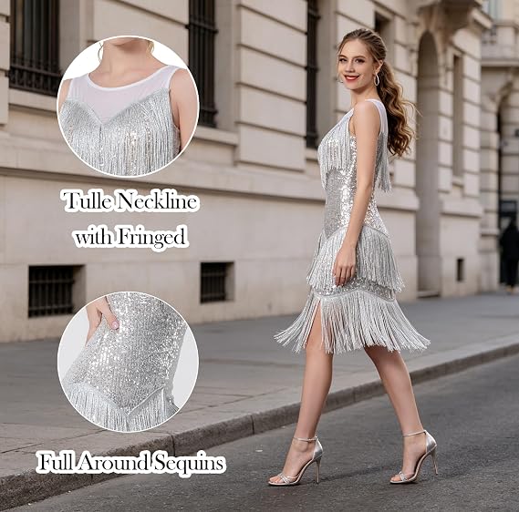 Women's Salsa Latin Dance Dress Glitter Sequin Fringe Flapper Party Ballroom Outfit
