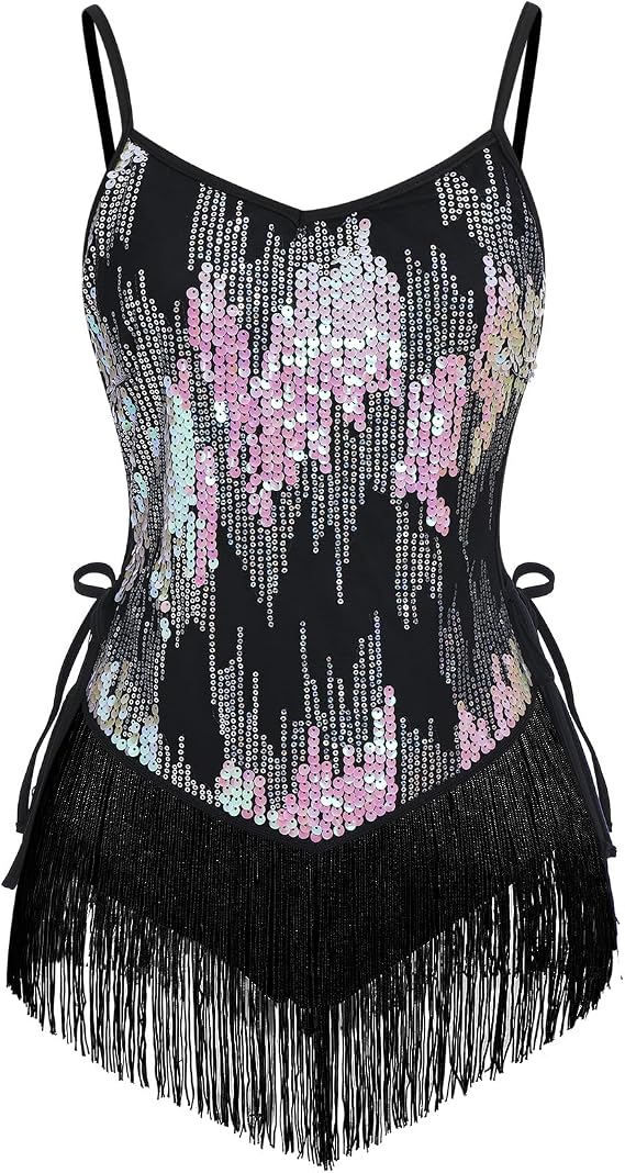 Sequin Fringe Bodysuit for Women Sparkly Hollow Out Tassel Romper Leotard Rave Latin Jazz Dance Costume
