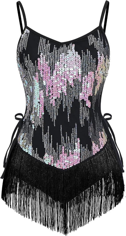 Sequin Fringe Bodysuit for Women Sparkly Hollow Out Tassel Romper Leotard Rave Latin Jazz Dance Costume