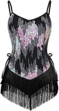 Women Sparkly Sequin Tassel Fringe Bodysuit Cami Strap Latin Dance Leotard Jumpsuit Festival Rave Outfits