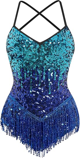Women Latin Dance Dress, Gradient Sequin Fringe Bodysuit | Self-tied Spaghetti Straps, Sparkly Backless Dance Leotard Dancewear, for Ballroom Costume, Jazz, Rave Concert, Performance