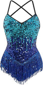 Women Latin Dance Dress, Gradient Sequin Fringe Bodysuit | Self-tied Spaghetti Straps, Sparkly Backless Dance Leotard Dancewear, for Ballroom Costume, Jazz, Rave Concert, Performance