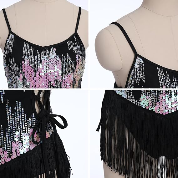 Sequin Fringe Bodysuit for Women Sparkly Hollow Out Tassel Romper Leotard Rave Latin Jazz Dance Costume