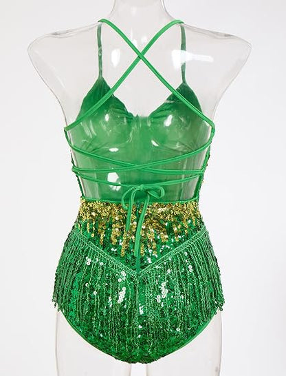 Women Latin Dance Dress, Gradient Sequin Fringe Bodysuit | Self-tied Spaghetti Straps, Sparkly Backless Dance Leotard Dancewear, for Ballroom Costume, Jazz, Rave Concert, Performance