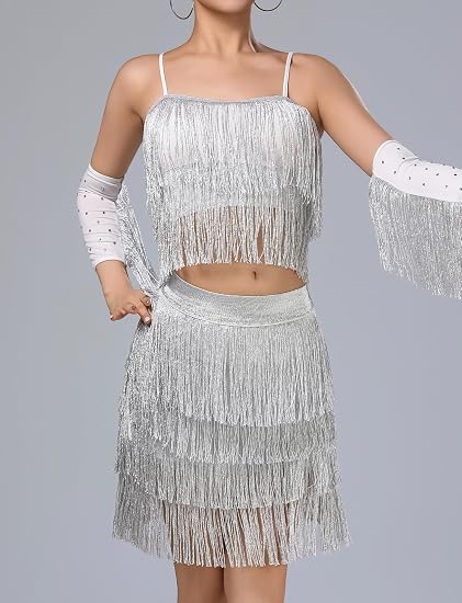 Women's Latin Dance Costume Sequin Fringe Tube Top Belly Dance Performance Outfit with Tassels for Party Club Wear
