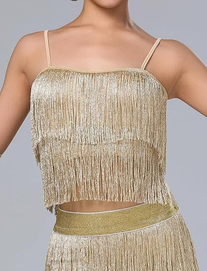 Women's Latin Dance Costume Sequin Fringe Tube Top Belly Dance Performance Outfit with Tassels for Party Club Wear