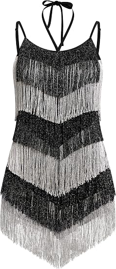 Women's Fringe Latin Dance Dress - Halter Backless Adjustable Cami Straps Color Block Salsa Ballroom Dance Costume