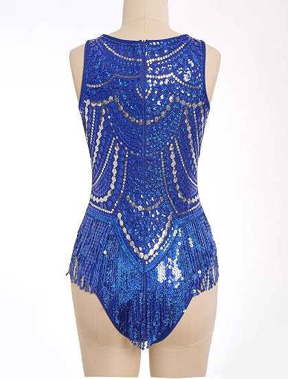 Women Sequin Fringe Bodysuit Latin Jazz Dance Leotard