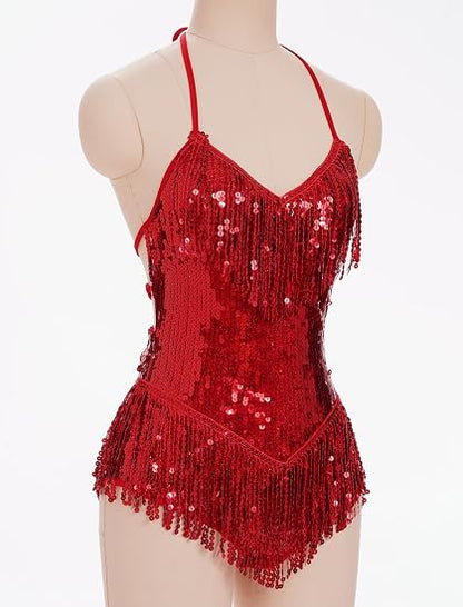 Sexy Sequins Fringe Bodysuit Halter Lace Up Back Jazz Latin Dance Tassel Leotard Acrobat Costume Rave Concert Outfits