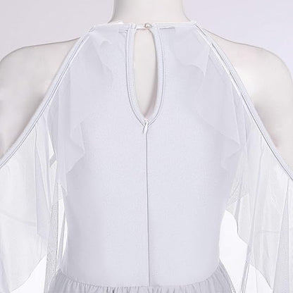 Women Lyrical Dance Costume Shiny Criss Cross Spaghetti Strap Full Circle Mesh Tulle Long Dress with Brooch Pin