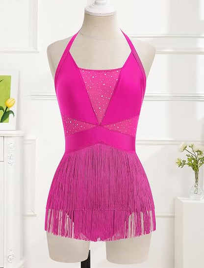 Women Halter Fringe Bodysuit Open Back Glitter Mesh Salsa Jazz Latin Dance Dress Sexy Concert Sparkly Tassel Outfits