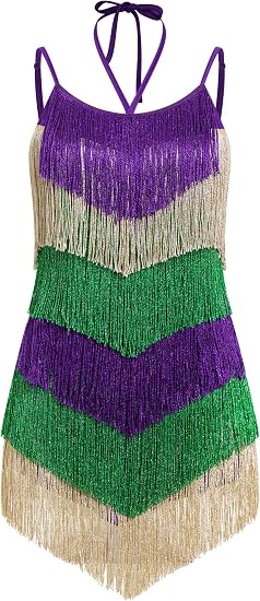 Women's Fringe Latin Dance Dress - Halter Backless Adjustable Cami Straps Color Block Salsa Ballroom Dance Costume