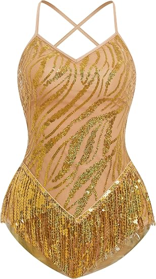 Fringe Sequin Bodysuit Women Sparkly Tassel Latin Jazz Salsa Dance Costume Acrobat Leotard