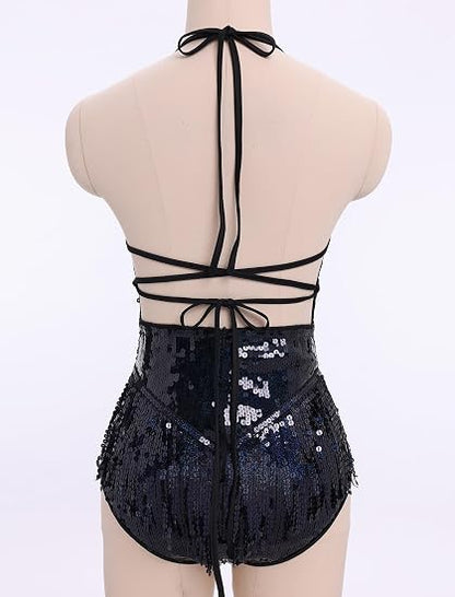 Sexy Sequins Fringe Bodysuit Halter Lace Up Back Jazz Latin Dance Tassel Leotard Acrobat Costume Rave Concert Outfits
