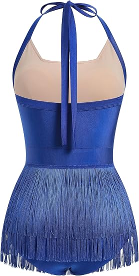 Women Halter Fringe Bodysuit Open Back Glitter Mesh Salsa Jazz Latin Dance Dress Sexy Concert Sparkly Tassel Outfits