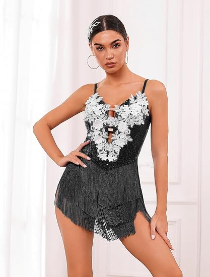 Women Sparkly Sequins Fringe Bodysuit Floral Lace Latin Jazz Tassel Dance Costume Open Back Rave Circus Trapeze Outfits