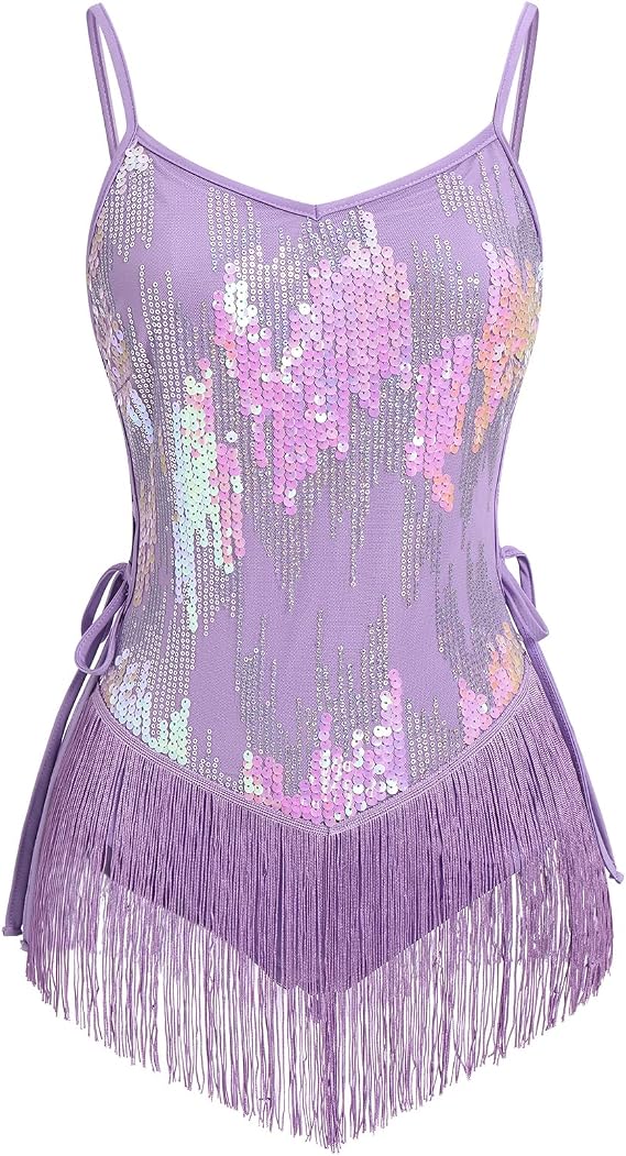 Sequin Fringe Bodysuit for Women Sparkly Hollow Out Tassel Romper Leotard Rave Latin Jazz Dance Costume