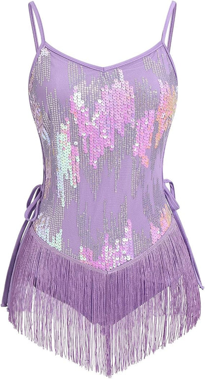 Sequin Fringe Bodysuit for Women Sparkly Hollow Out Tassel Romper Leotard Rave Latin Jazz Dance Costume