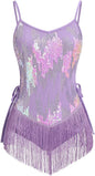 Women Sparkly Sequin Tassel Fringe Bodysuit Cami Strap Latin Dance Leotard Jumpsuit Festival Rave Outfits