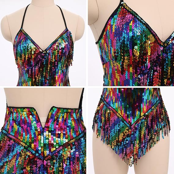 Sexy Sequins Fringe Bodysuit Halter Lace Up Back Jazz Latin Dance Tassel Leotard Acrobat Costume Rave Concert Outfits
