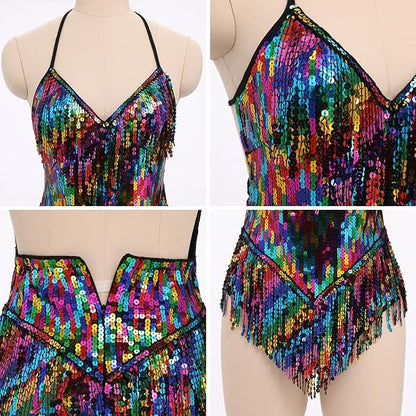 Sexy Sequins Fringe Bodysuit Halter Lace Up Back Jazz Latin Dance Tassel Leotard Acrobat Costume Rave Concert Outfits