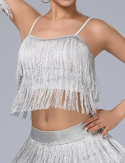 Women's Latin Dance Costume Sequin Fringe Tube Top Belly Dance Performance Outfit with Tassels for Party Club Wear